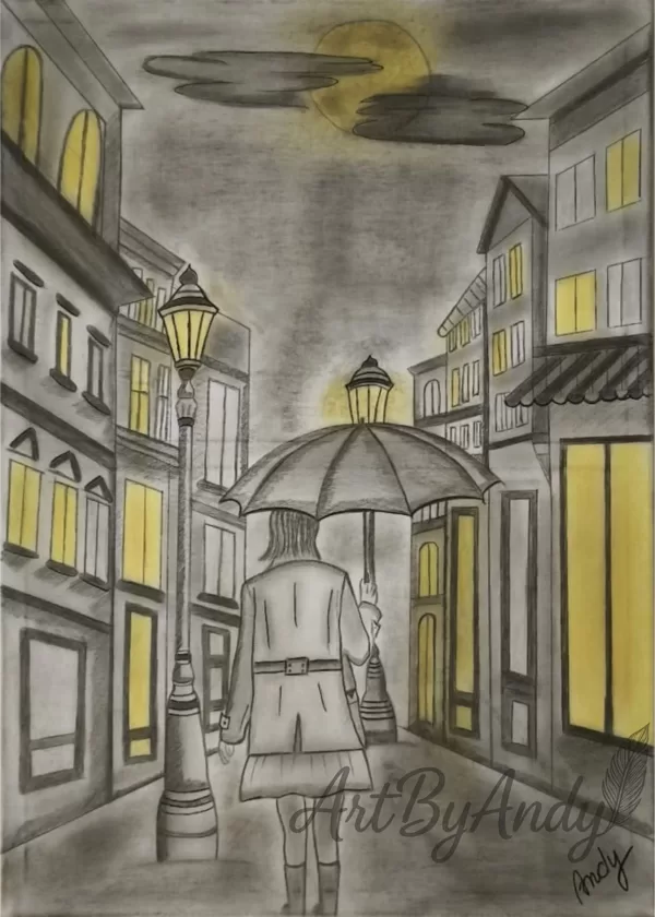 City Shadows-,,Žena prechádza mestom za súmraku, ponorená do svojich myšlienok..."